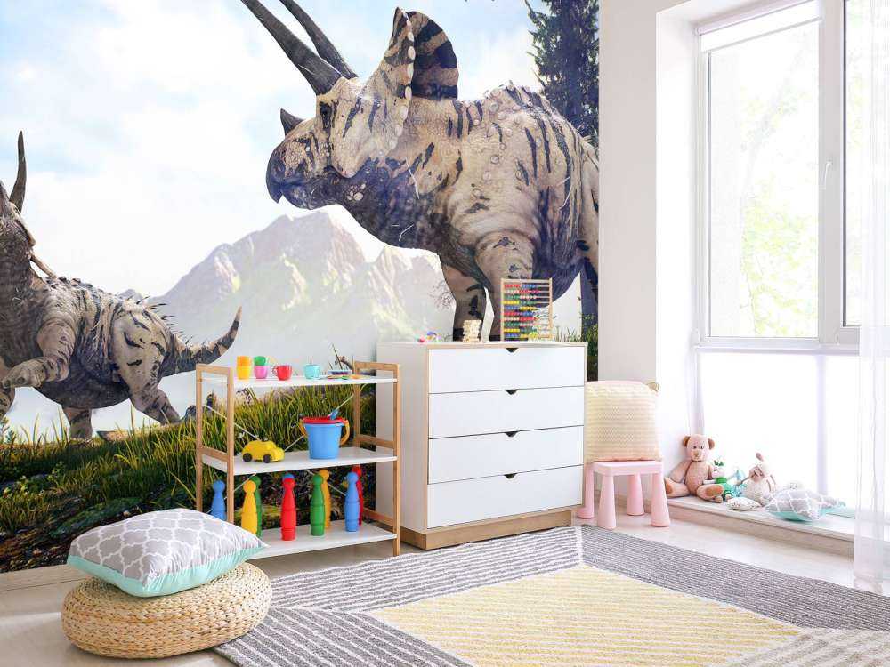 Dinosaurer går gjennom naturen