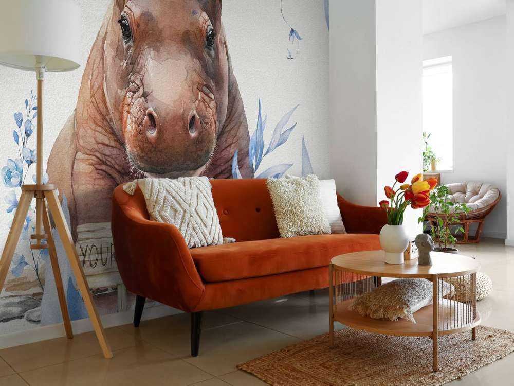 Flodhästbebis i bladen blå