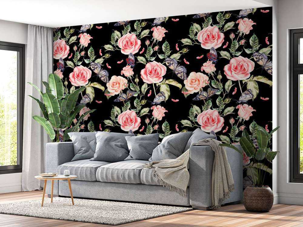 Blommor och fjärilar i akvarell