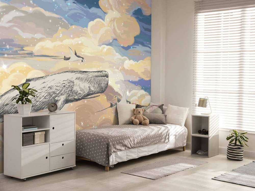 Val som simmar genom molnen